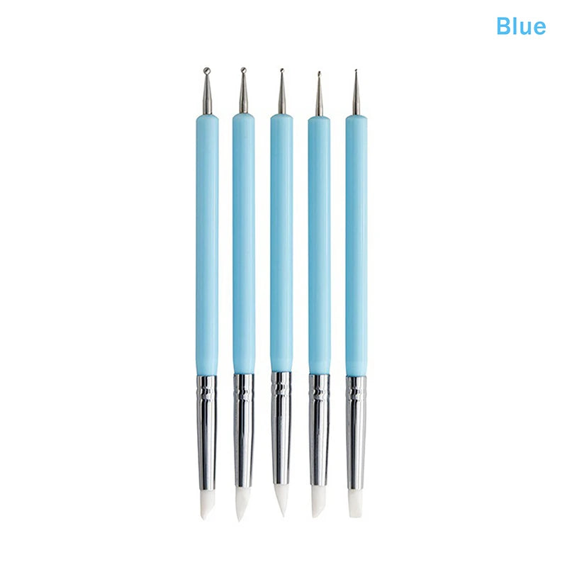 5Pcs 2 Way Nail Art Acrylic Silicone Point Flower Nail Pen Stainless Steel Dotting Tools Marbleizing Painting Pens Peaceful Pleasures Health and Wellness Blue