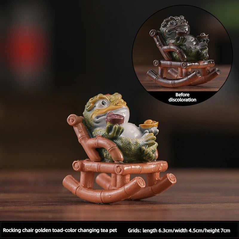 1pcs Lucky Toad Rocking Chair Tea Pet Ornament Traditional Auspicious Figurine for Tea Table Decor Gift Resin Peaceful Pleasures Health and Wellness B