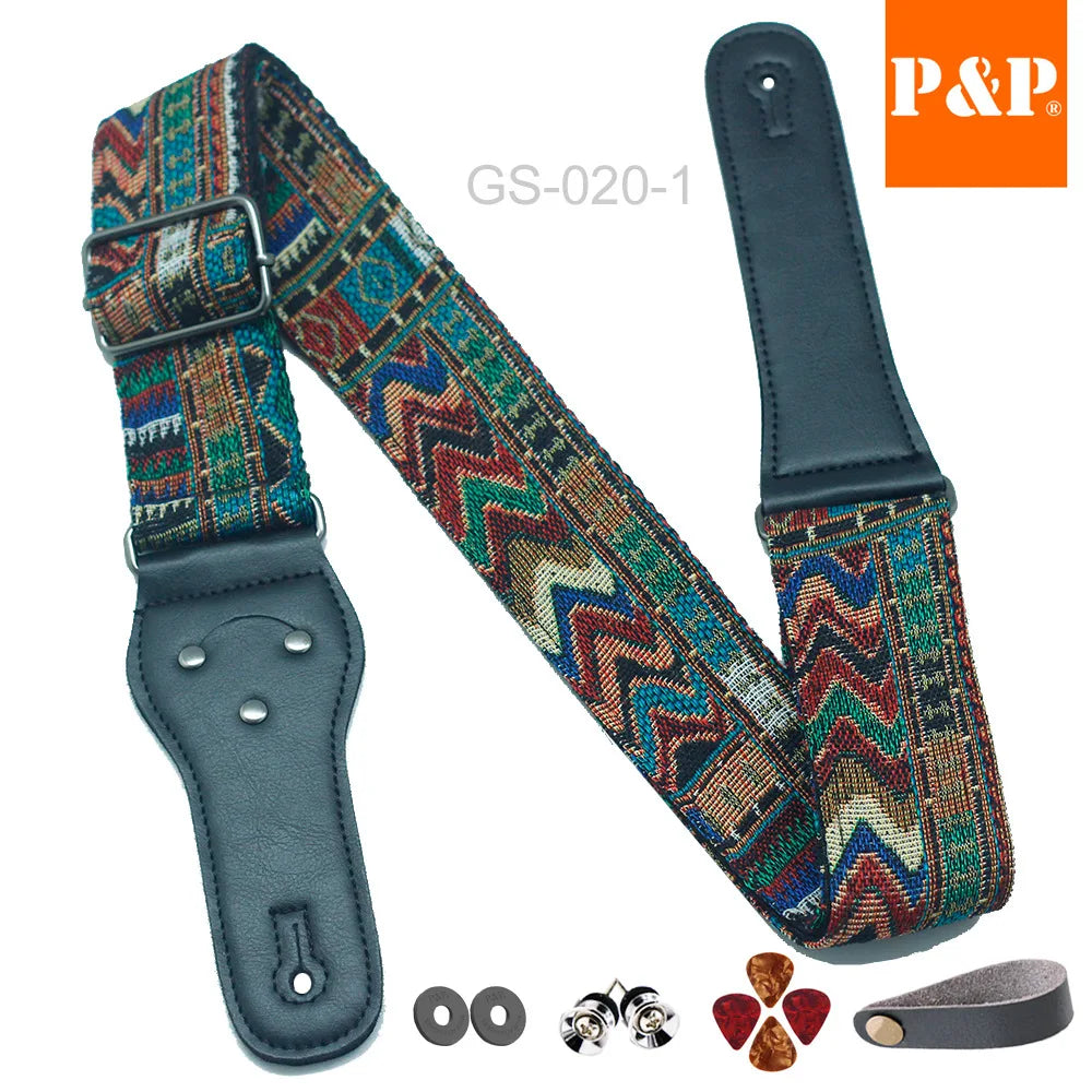 P&p Boho Embroidered Guitar Strap Cotton Adjustable Acoustic Electric