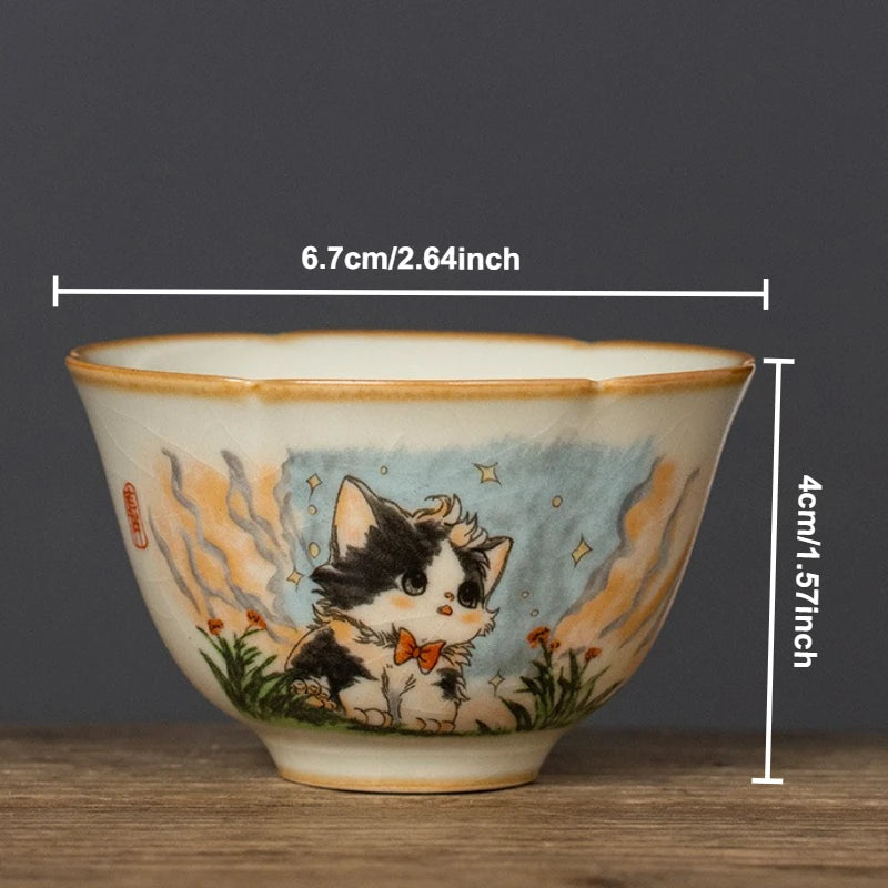 Ceramics Lovely Cat Your Ru Kiln Sunflower Mouth Teacup Master Cup Ceramic Personal Special Tasting Cup Ice Crack Glaze Tea Bowl Peaceful Pleasures Health and Wellness <200ml A