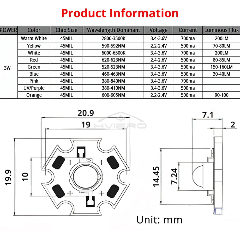 3W High Power LED Chips 45MIL Star Heatsink PCB – 10–100 Pack