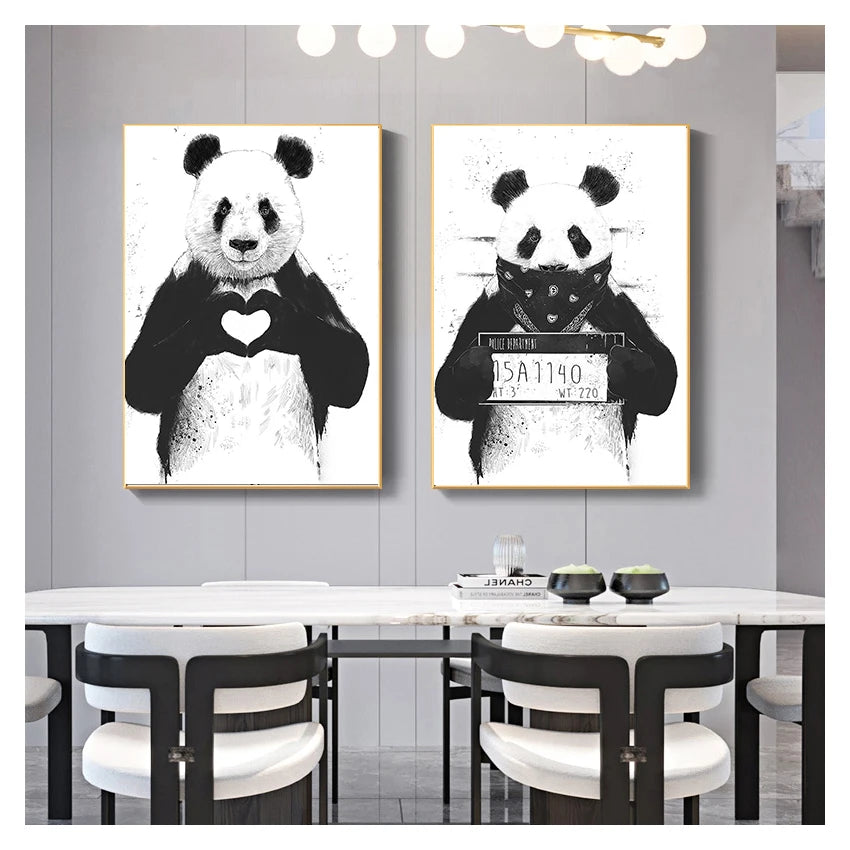 Nordic Cartoon Panda & Boston Terrier Canvas Wall Art Poster