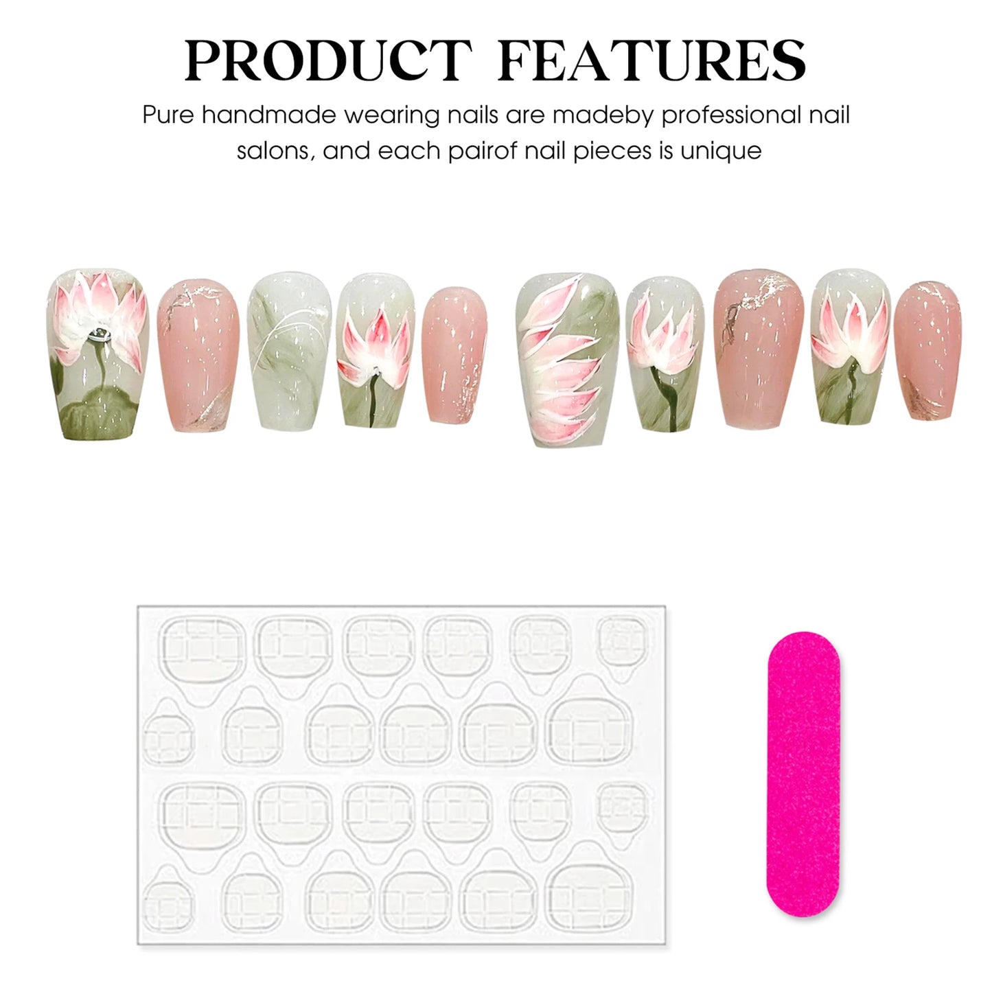 YADORNOS Lotus Press On Nails | Chinese Floral Pink Fake Nails