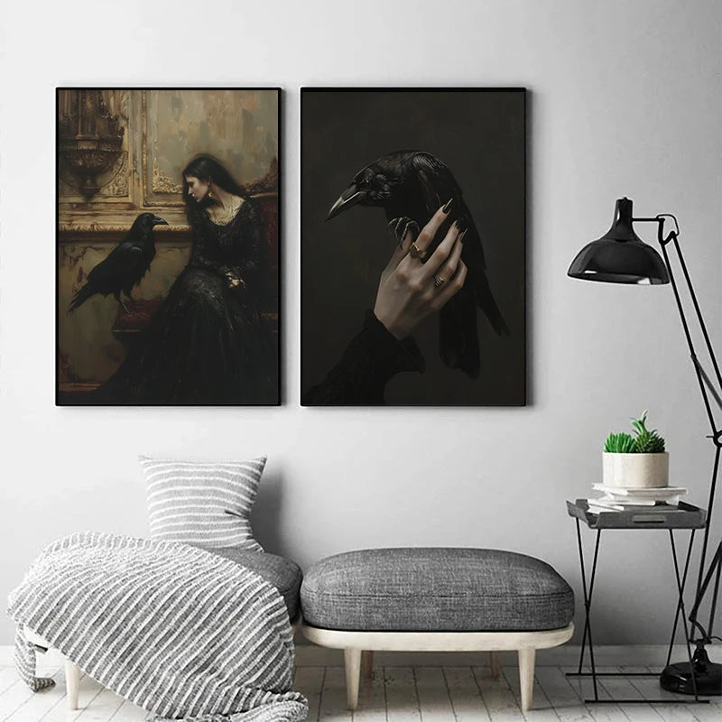Dark Moody Victorian Witch Canvas Wall Art | Raven Skull Print