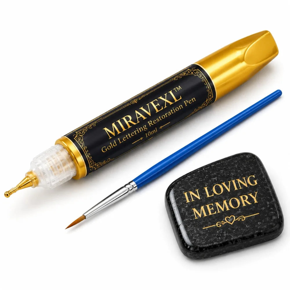 Gold Tombstone Marker Pen 10ml with Detail Brush, Waterproof Paint Pen for Restoring Faded Grave Inscriptions on Granite Peaceful Pleasures Health and Wellness