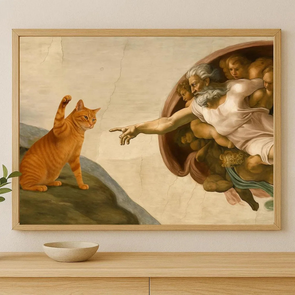 "Whimsical 'Creation of Adam' with Orange Cat Wall Print Decor - Classic Art Parody Poster for Eclectic Living Room, Quirky Peaceful Pleasures Health and Wellness TR261065 40x60cm Unframed