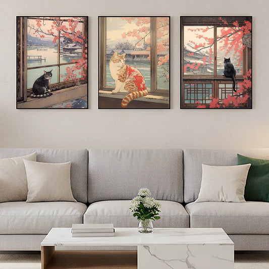Vintage Animal Wall Art, Japanese Ukiyo-e Cherry Blossom Canvas Painting, Aesthetic Poster Print for Bedroom Living Room Decor Peaceful Pleasures Health and Wellness