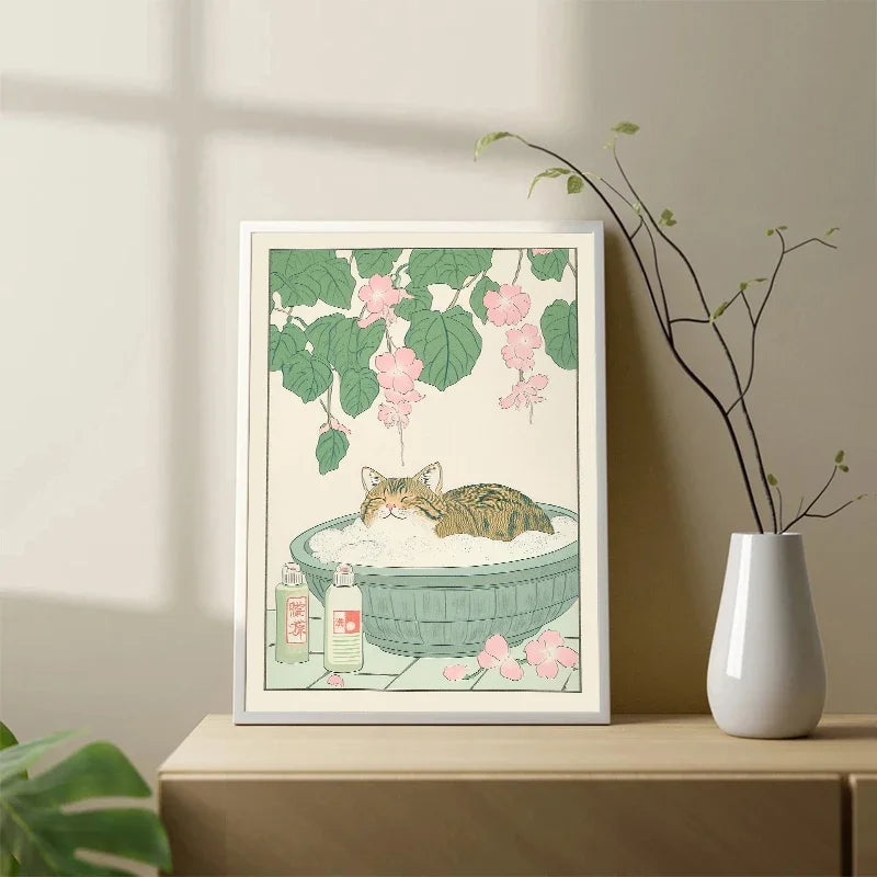 Funny Tabby Cat Bathtub Canvas Print | Japanese Bathroom Wall Art