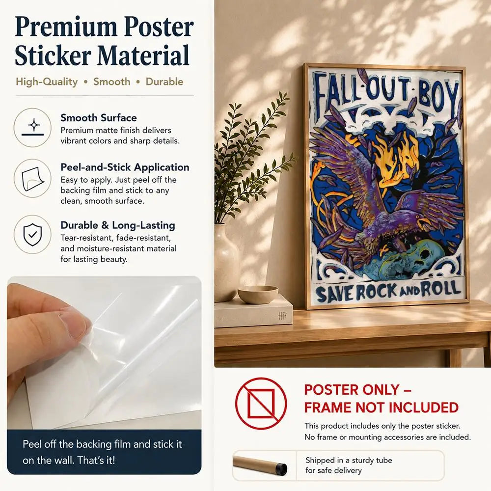 Band F-Fall Out BoyS Poster HD Self Adhesive Waterproof Wall Art Ideal for Home Office Dorm Bedroom Great Gift Peaceful Pleasures Health and Wellness