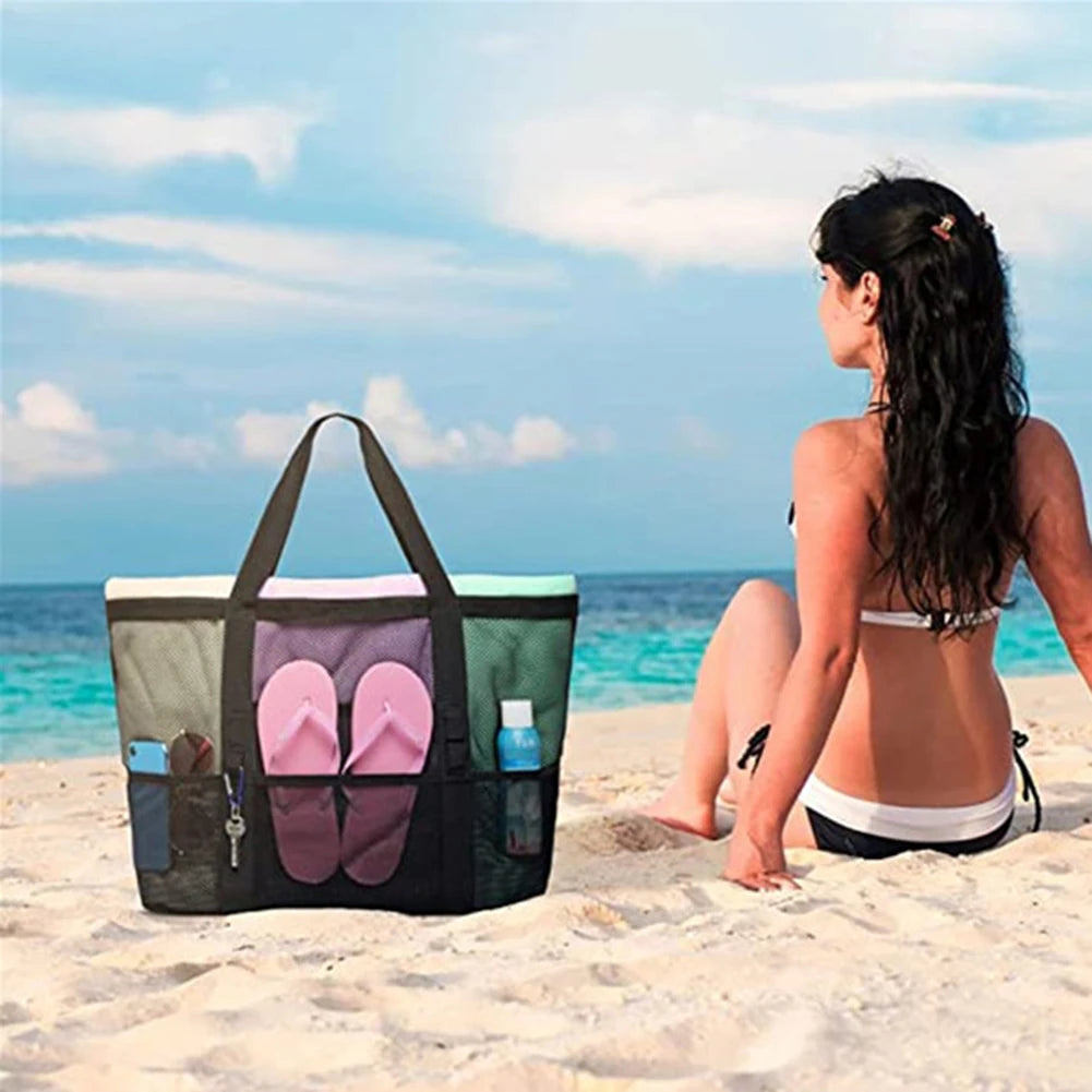 Mesh Beach Bags Beach Tote Bag With Multi Pockets Large Capacity Travel Tote Handbag Swim Pool Bag Multifunctional Storage Bag Peaceful Pleasures Health and Wellness