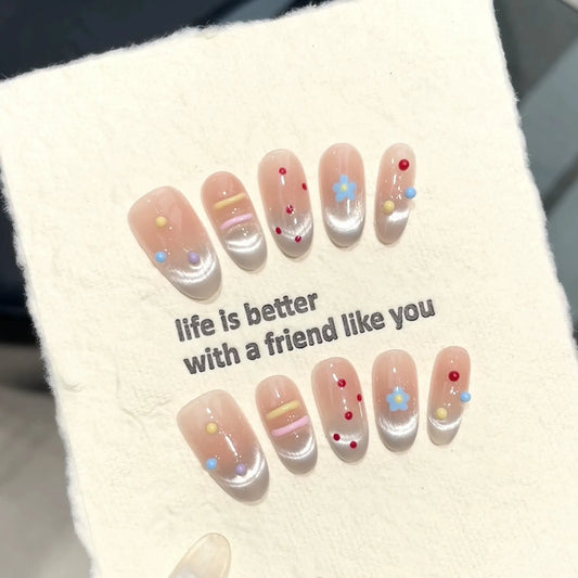 Handmade Press-On Nails | Almond Cat's Eye French Tip 3D Art Press-On Nail Art Peaceful Pleasures Health and Wellness