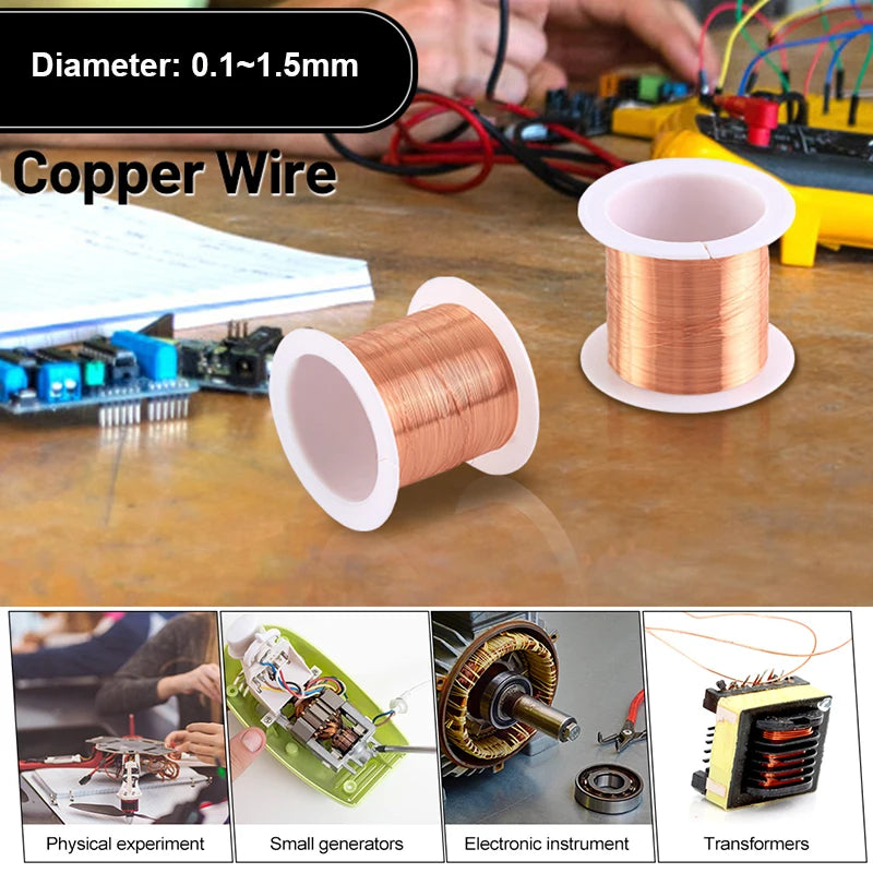 Two spools of copper wire with a person working on electronic components in the background.