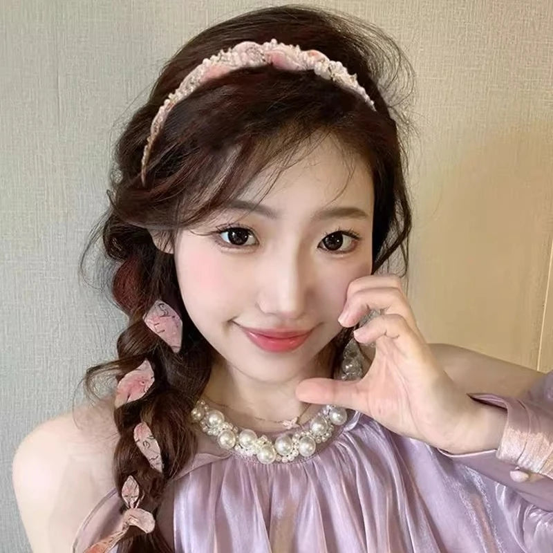 Summer Floral Braided Headband Womens Tied Hair Scarf Floating Headband Headband One System Pearl Tie Peaceful Pleasures Health and Wellness pink