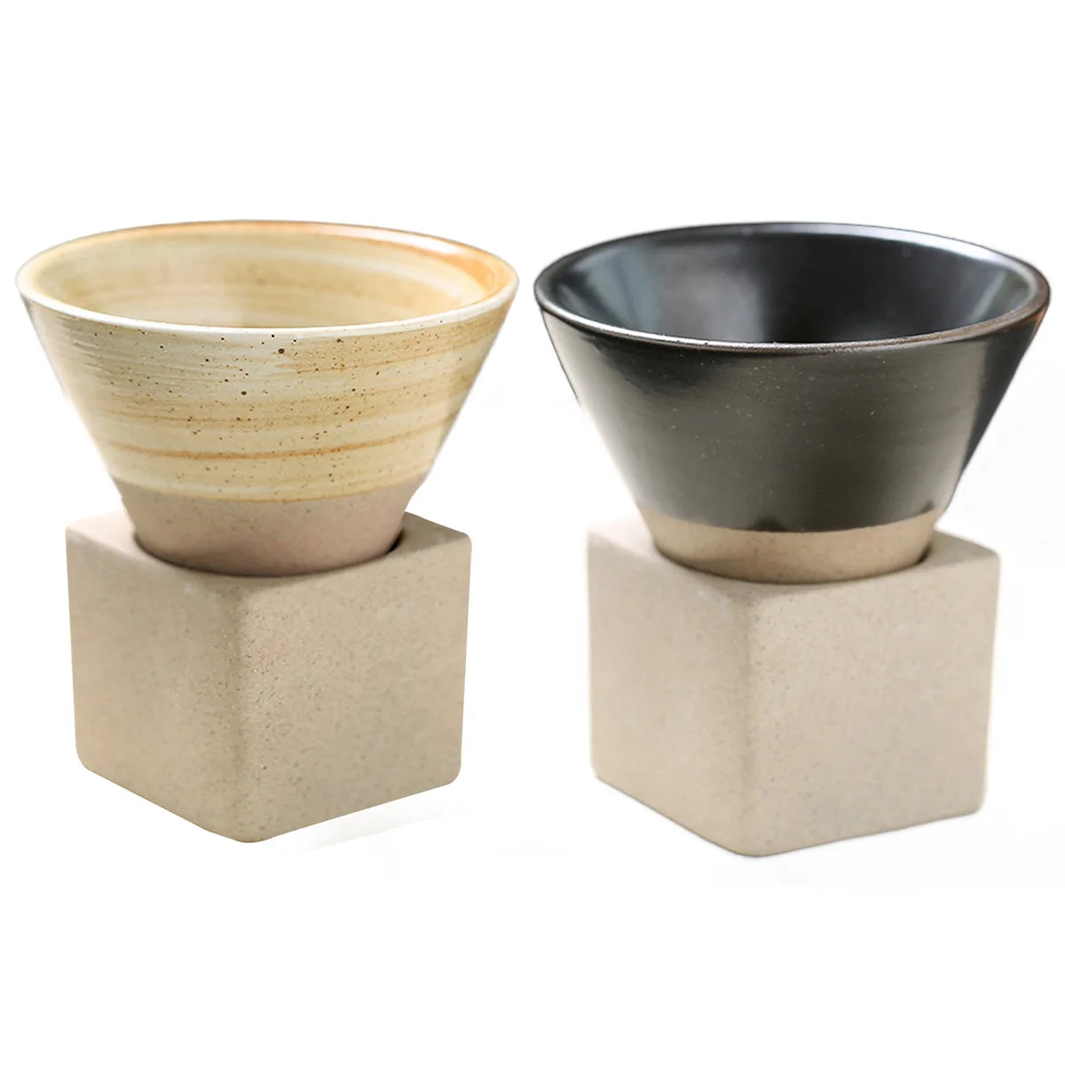 100ml Coarse Pottery Coffee Mugs, Japanese Style Ceramic Tea Cups Triangular Cone Shape Porcelain Retro Mug with Square Base Peaceful Pleasures Health and Wellness B Set of 2 100ml