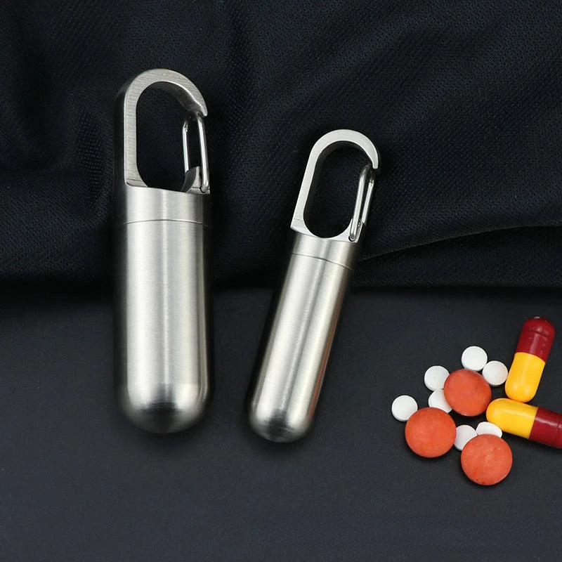 Portable Mini Stainless Steel Sealed Capsule Waterproof Pill Box Camping Firstaid Pendant Travel Outdoor Portable Pill Case Peaceful Pleasures Health and Wellness