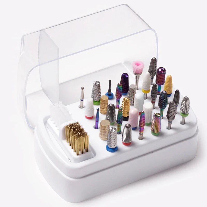 White 30 Holes Nail Drill Bits Holder Clear Dust Proof Drill Bit Case for Acrylic Nail Drill Bits Storage Nail Tools With Brush Peaceful Pleasures Health and Wellness