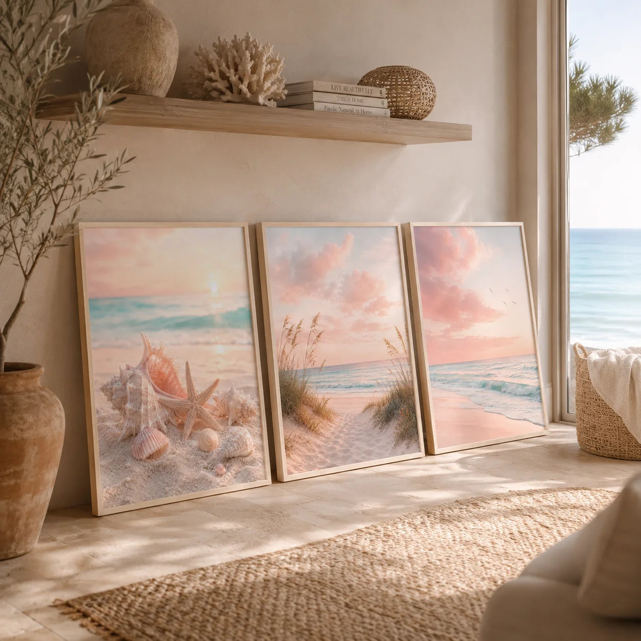 Nordic Coastal Beach Wall Art Pink Sunset Canvas Painting Tropical Ocean Palm Tree Poster Print Living Room Decor Peaceful Pleasures Health and Wellness
