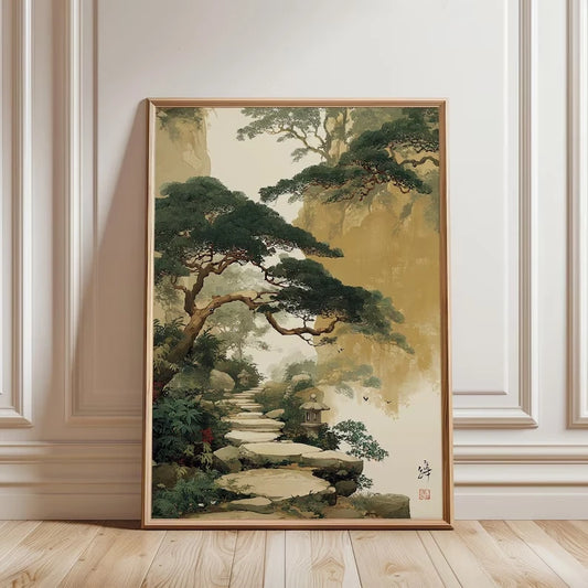 Retro Japanese Garden Path Canvas Wall Art | Green Beige Canvas Wall Art Peaceful Pleasures Health and Wellness G5264 60x80cm Unframed