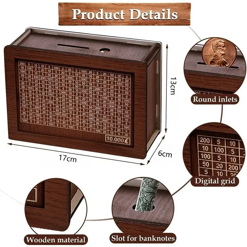 Wooden 10,000 Savings Challenge Box | Money Goal Piggy Bank