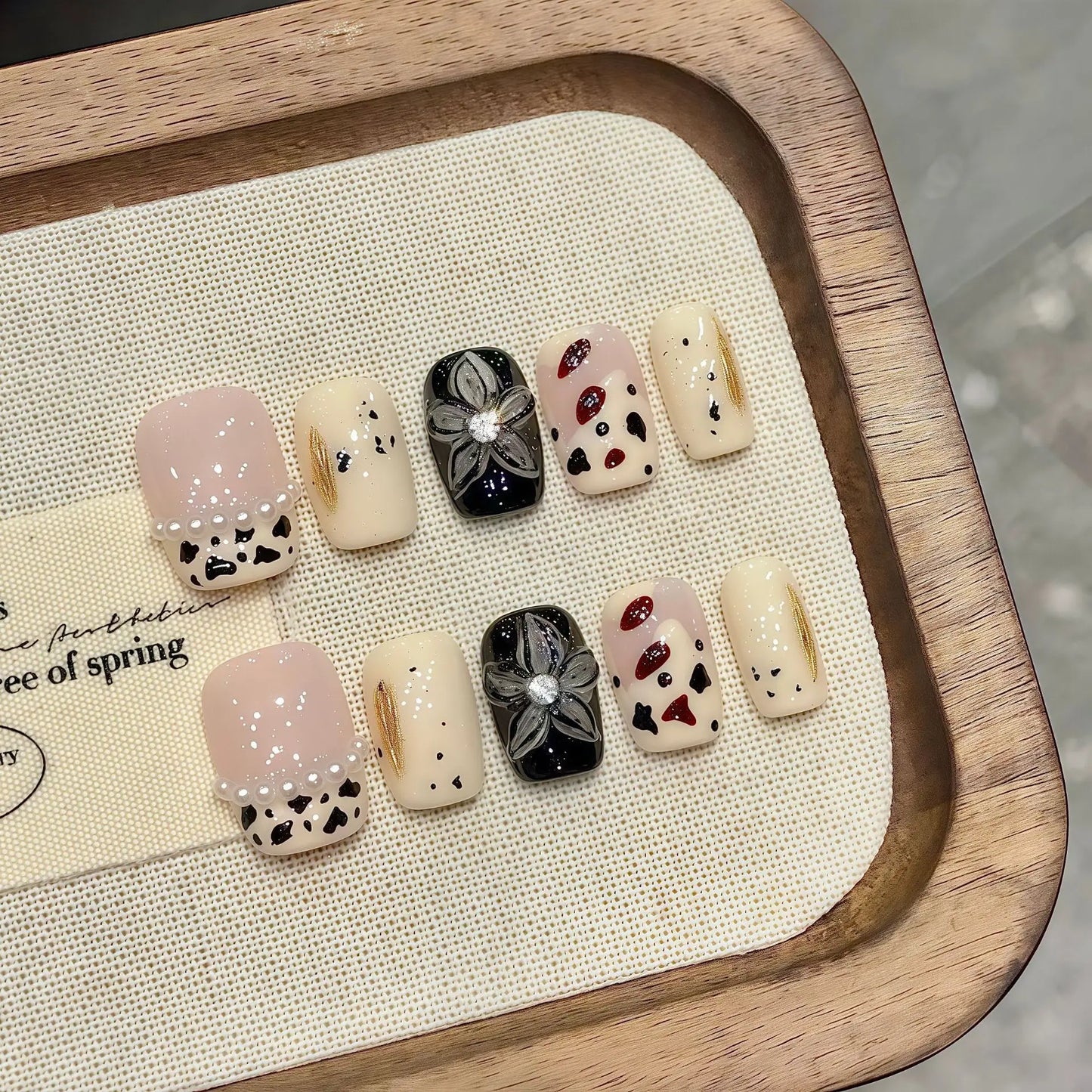 Handmade Press-On Nails | Short French Cow & Flower Print