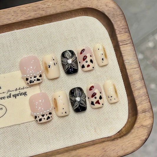 Handmade Press-On Nails | Short French Cow & Flower Print Press-On Nails Peaceful Pleasures Health and Wellness L