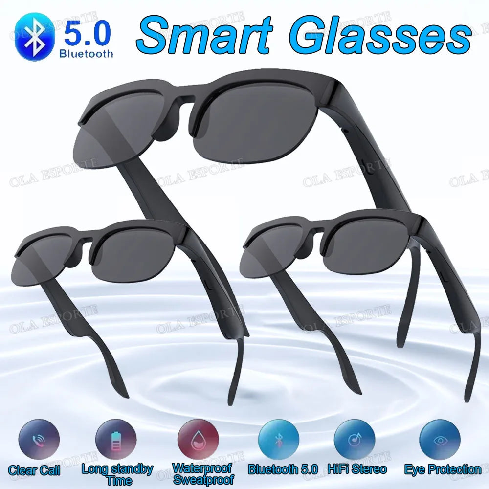 New Smart Glasses Polarized Bluetooth Sunglasses Bone Conduction Sun Glass Cycling/driving Polarized Communication Sunglasses Peaceful Pleasures Health and Wellness 3Bk-Bk