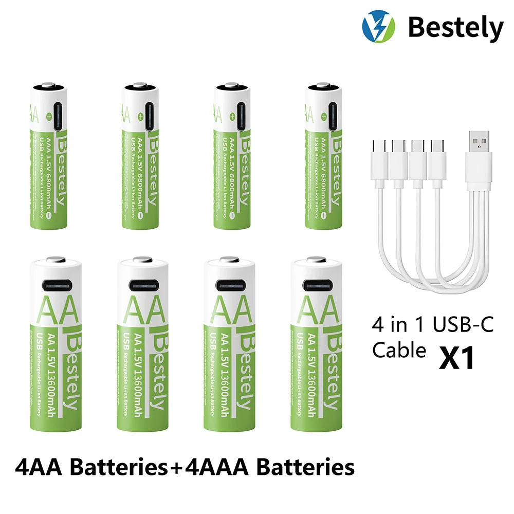 1.5V AA 13600mAh + AAA 6800mAh Rechargeable Lithium Battery Set with USB-C Fast Charging Type C Cable Peaceful Pleasures Health and Wellness 4AA 4AAA