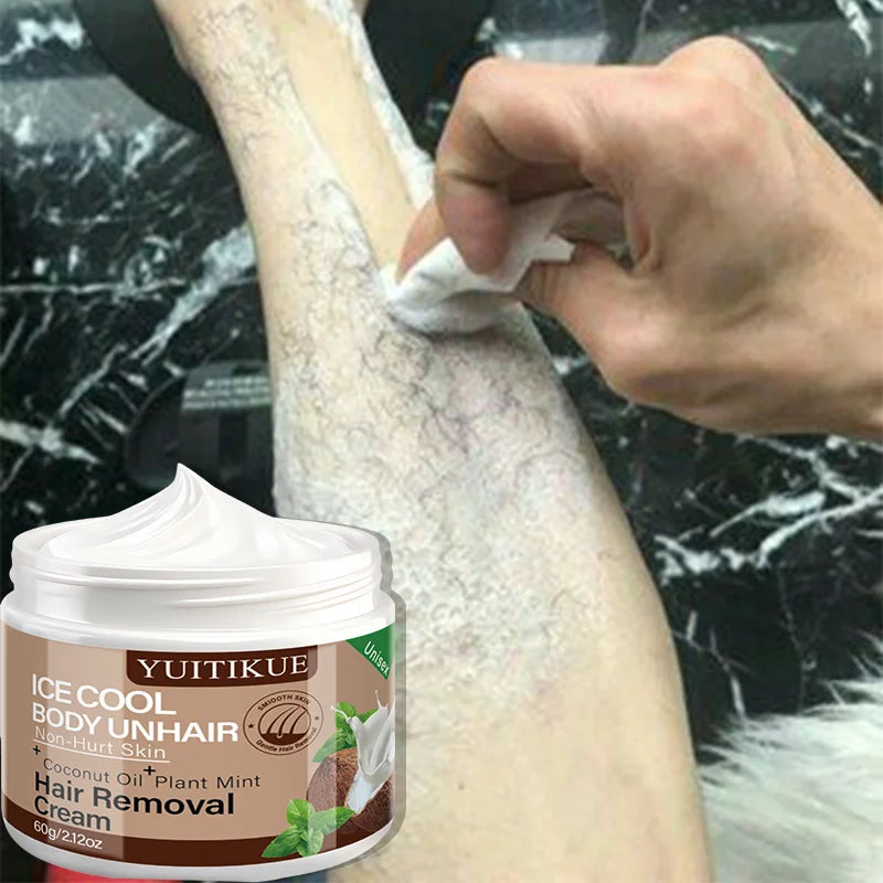Yuitikue Ice Cool Hair Removal Cream, 60g Gentle Non-Hurt Body Hair Remover with Coconut Oil & Plant Mint, Unisex Peaceful Pleasures Health and Wellness