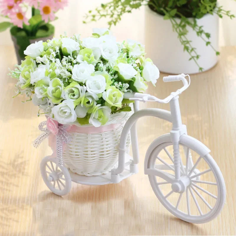 Silk Rose Artificial Flowers Bicycle Vase Desktop Bonsai Decor