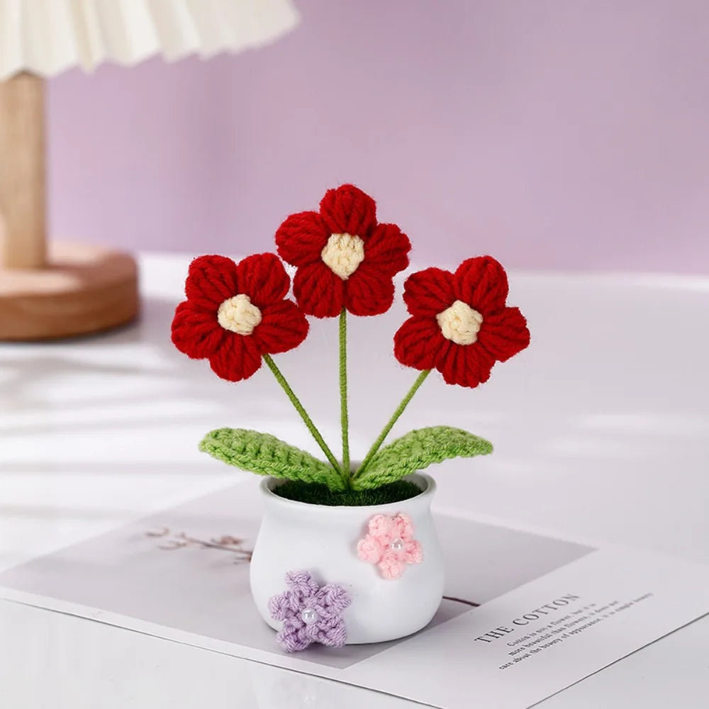 Mini Handmade Crochet Flowers Sunflower Tuilp Flowers Birthday Gift Knitted Flower Pot Decor Desktop Woven Graduation Gift Peaceful Pleasures Health and Wellness Puff-Red