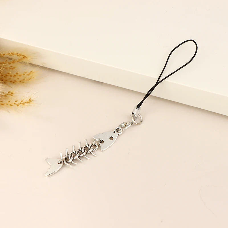 Y2K Fishbone Metal Phone Charm Lanyard | Alloy Keychain