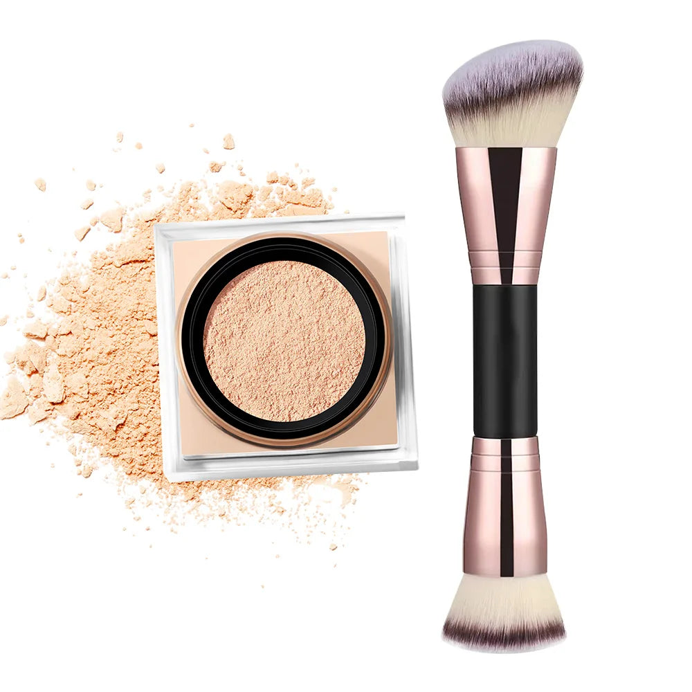 2 Count Loose Setting Powder & Brush Long Lasting Waterproof Oil Control Matte Natural Brightening Face Powder Cosmetics Peaceful Pleasures Health and Wellness 3Nude and brush