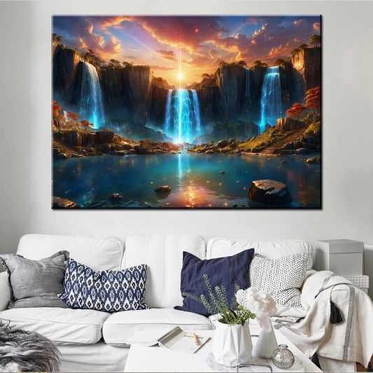 Golden Bonsai Waterfall Canvas Wall Art | Nature Forest Print Canvas Wall Art Peaceful Pleasures Health and Wellness