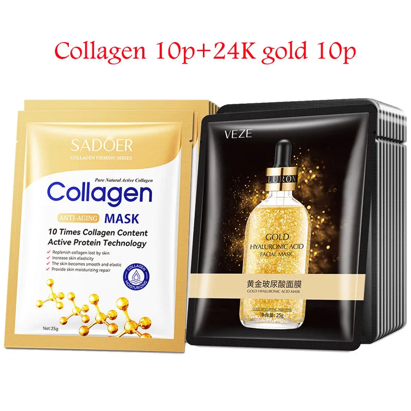 SADOER 20pc Hyaluronic Acid Collagen Sheet Face Mask Set