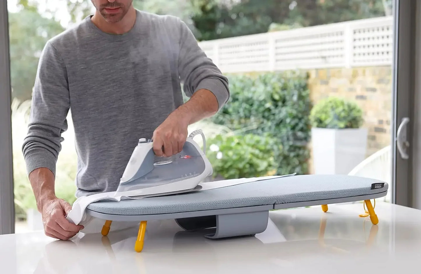 Compact Folding Tabletop Ironing Board with Iron Holder & Wall Mount, Space-Saving Grey/Yellow Design Peaceful Pleasures Health and Wellness
