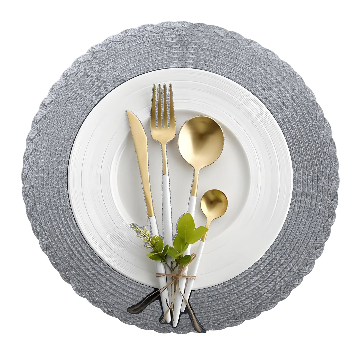 6Pc Round Braided Table Mat with 6Pc Cup Coasters Heat Resistant Washable Non Slip Placemats for Kitchen Dining Tables Pads Peaceful Pleasures Health and Wellness B Dark Grey 33.5CM and 10CM