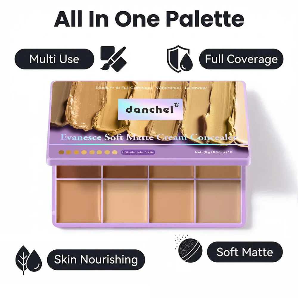 8-Shade Matte Cream Concealer Palette – Full Coverage, 12H Wear