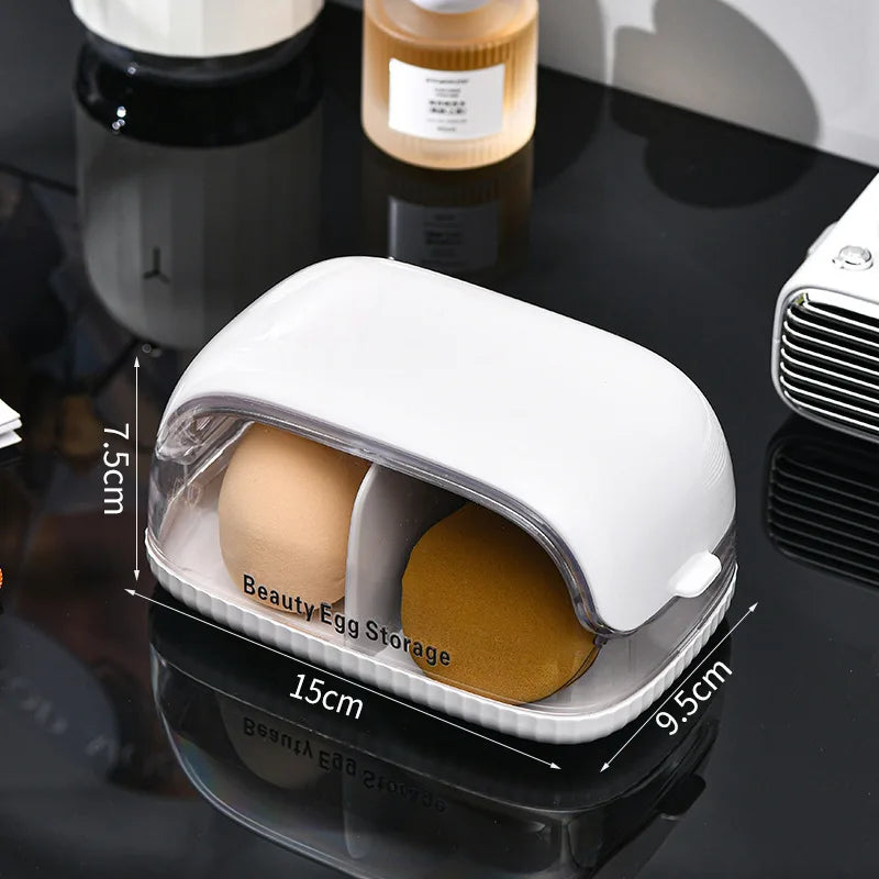New Transparent Makeup Sponge Holder Dustproof Plastic Beauty Organizer Travel Home Cosmetic Storage Makeup Organizers with Lid Peaceful Pleasures Health and Wellness White