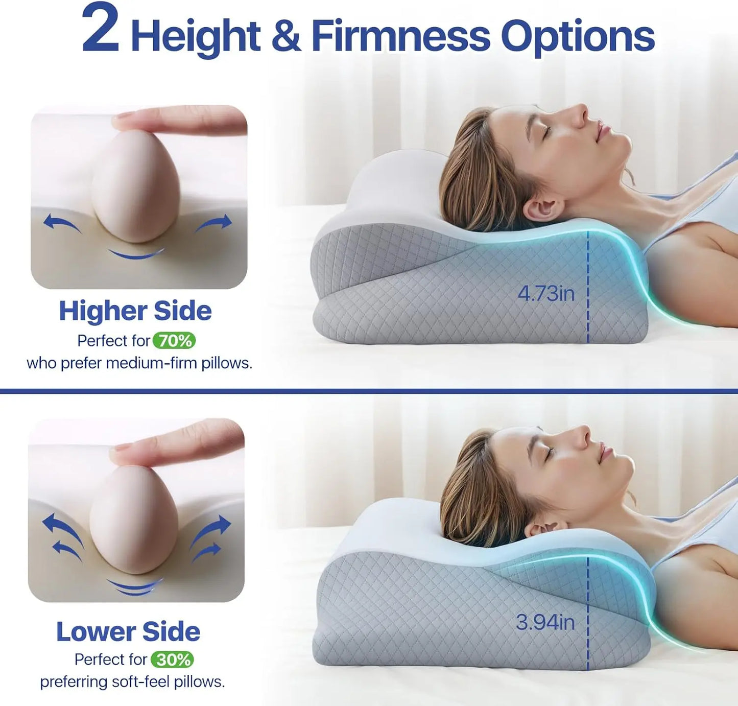 Cervical pillow with height and firmness options shown on a person lying down.