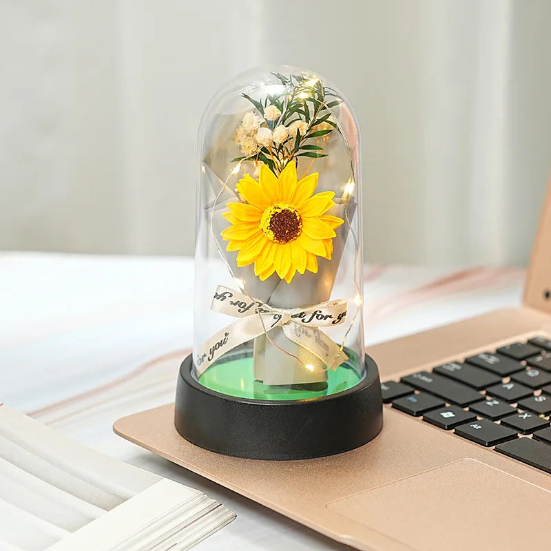Romantic Gift Everlasting Rose LED Glass Dome Bouquet Romantic Illuminated Ornament Perfect Valentine's Day Christmas Home Decor Peaceful Pleasures Health and Wellness C