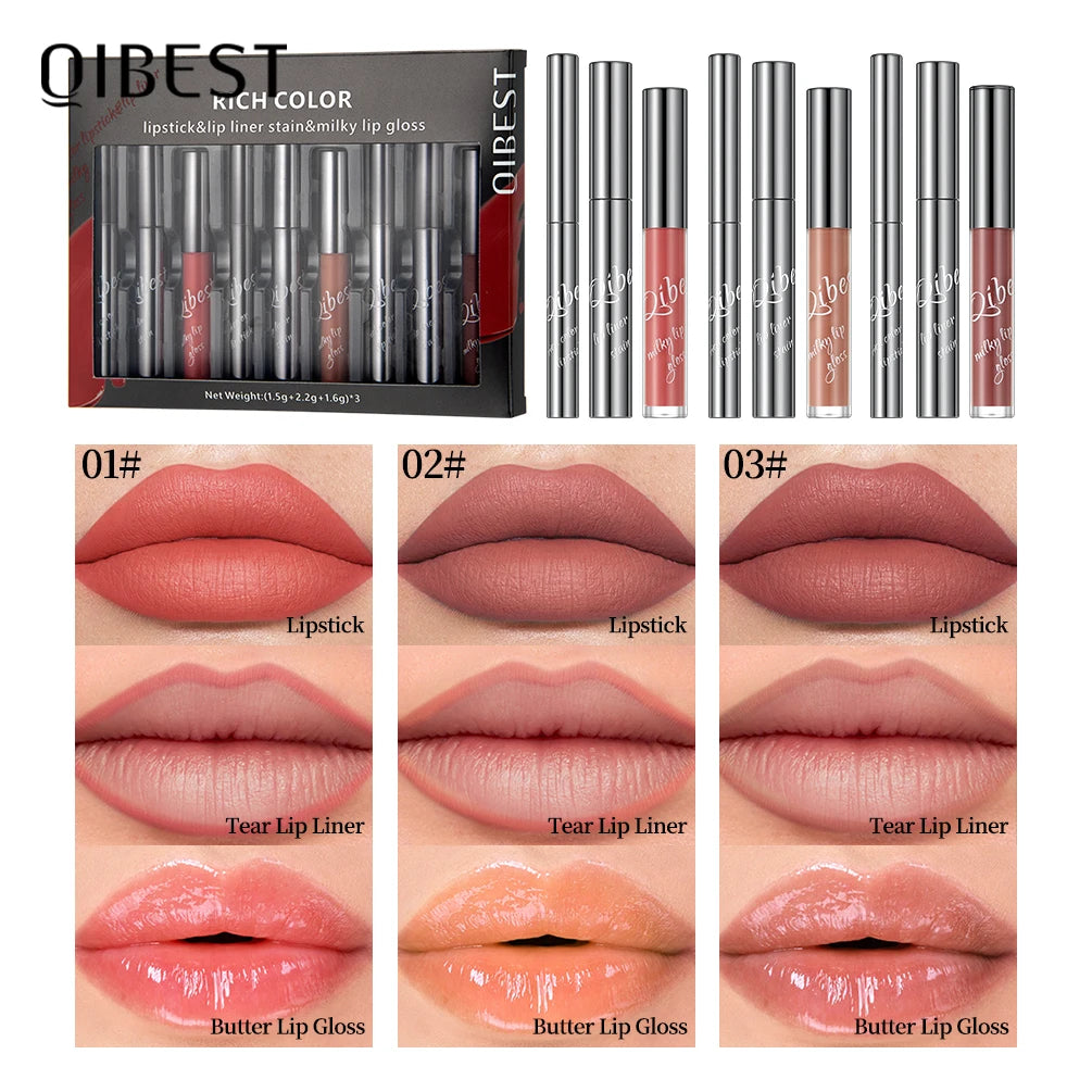 QIBEST 9pcs Lip Makeup Sets Include Lipstick+Tear Lip Liner+Butter Lip Gloss Nude Velvet Lip Glaze Tint Lasting Makeup Kits Peaceful Pleasures Health and Wellness