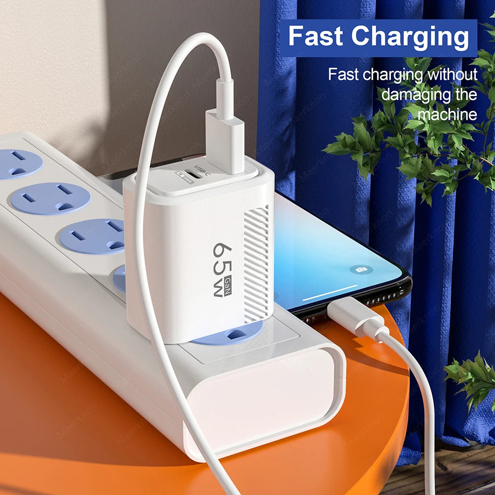 65W GaN Fast Charger PD QC3.0 Dual Port USB Wall Adapter EU US Plug Compatible with iPhone Samsung Xiaomi Tablets Travel Charger Peaceful Pleasures Health and Wellness