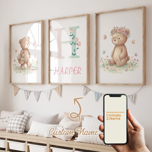 Personalized Bear Flowers 3-Piece Canvas Wall Art | Kids Room Decor Canvas Wall Art Set Peaceful Pleasures Health and Wellness GA-CH390-3pcs 40x50cm Unframed