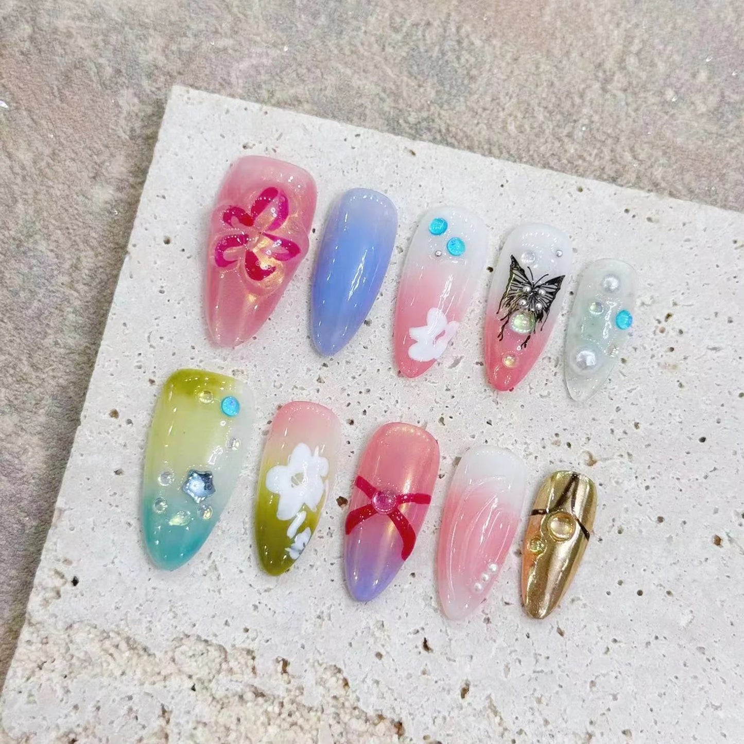 Handmade Press on Nails Cute Bear Fake Nails 3D Strawberry Design Sweet Yellow French False Nails Girl Lady Wearable Full Cover Peaceful Pleasures Health and Wellness L 5