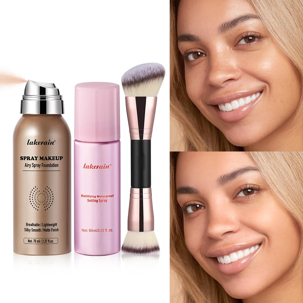 3Pcs Magic Airbrush Foundation Spray Makeup Set With Setting Spray & Makeup Brush Waterproof Matte Flawless Silky Mist Long Last Peaceful Pleasures Health and Wellness set3