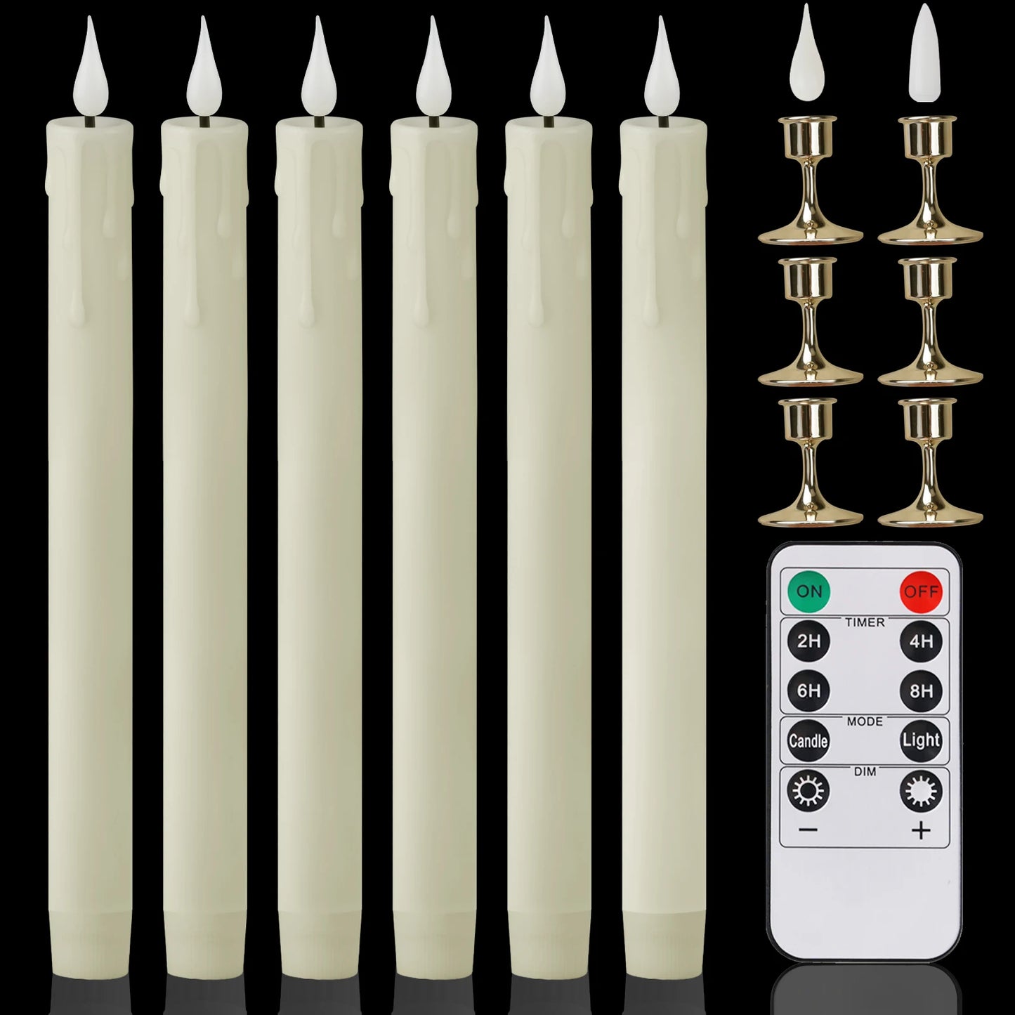 Flameless Flickering Taper Candles With/Without Remote Control Timer Dimmer Battery Operated Candlesticks for Christmas Wedding Peaceful Pleasures Health and Wellness Remote 6Pc Ivory C