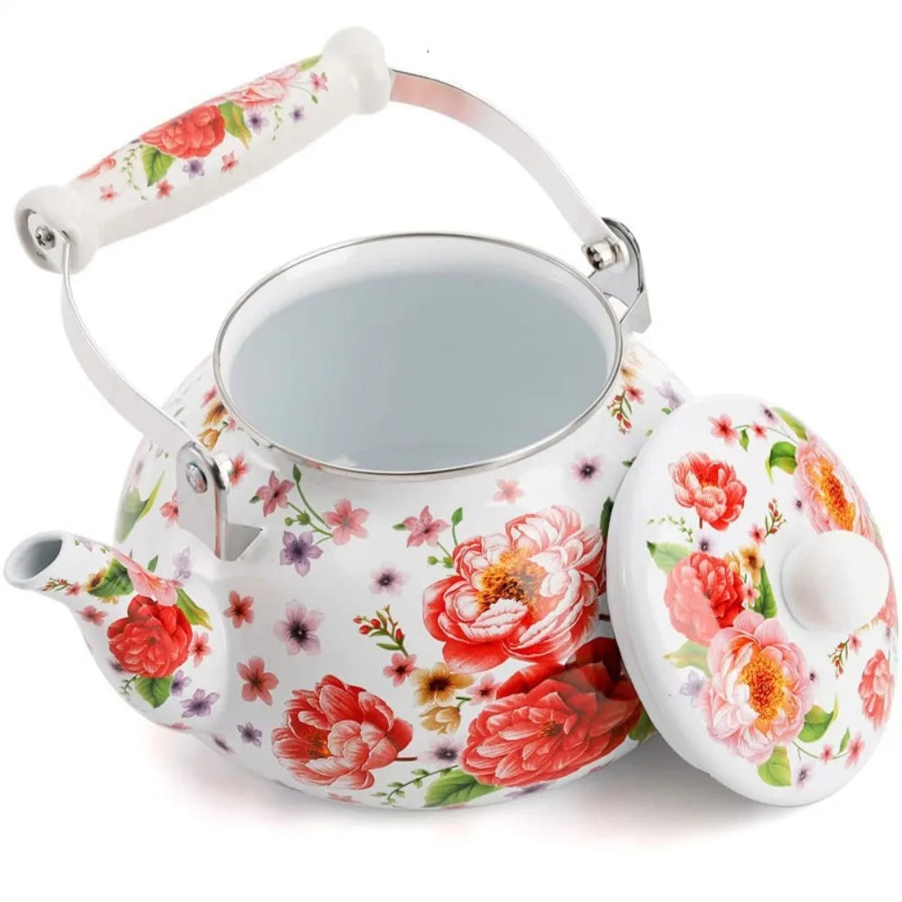 Chinese Style Enamel Teapot Floral Enameled 2.5L Gas Water Kettle Antiscald Handle Pear-shaped Coffee Pot Gas Induction Cooker Peaceful Pleasures Health and Wellness