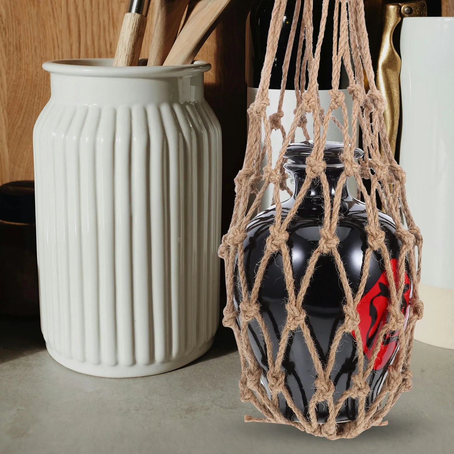 2Pcs Exquisite Crafted Vintage Wine Bottle Carrier Net Bag Twine Rope Mesh Tote for Picnics Bars Restaurants Home Ambiance Peaceful Pleasures Health and Wellness Default Title