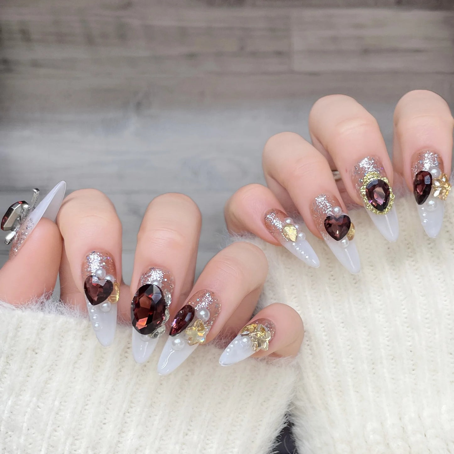 Handmade Press on Nails Autumn and Winter Sparkling French Cat Eye Fake Nails Shiny Rhinestone Decor Coffee Color False Nails Peaceful Pleasures Health and Wellness