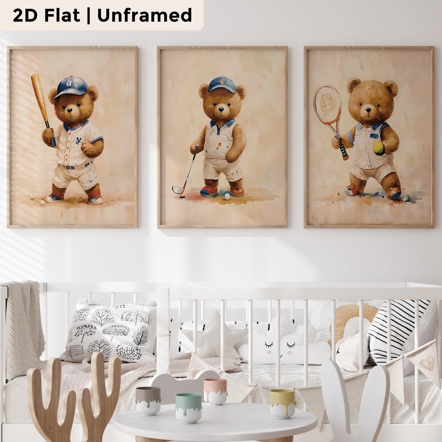 3-Piece Cartoon Baseball Bear Canvas Wall Art | Kids Room
